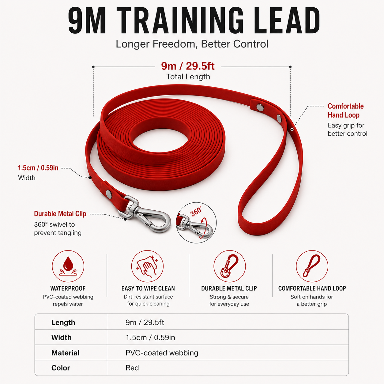 9m Waterproof Dog Training Lead - Red