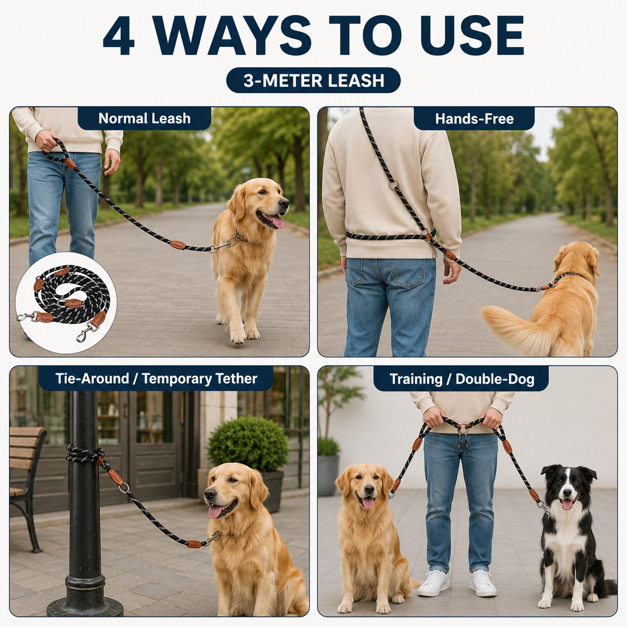 3m Multifunction Rope Dog Leash - Black