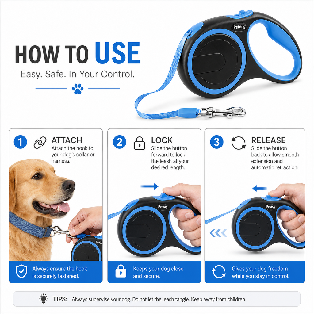 Retractable Dog Leash – Black & Blue 8m