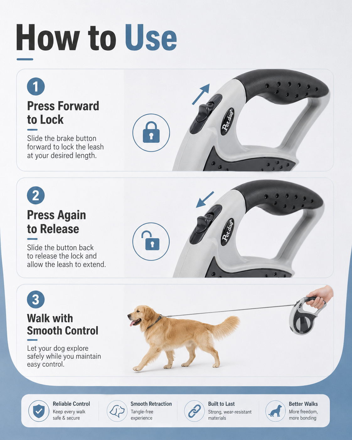 Retractable Dog Leash – Grey 3m