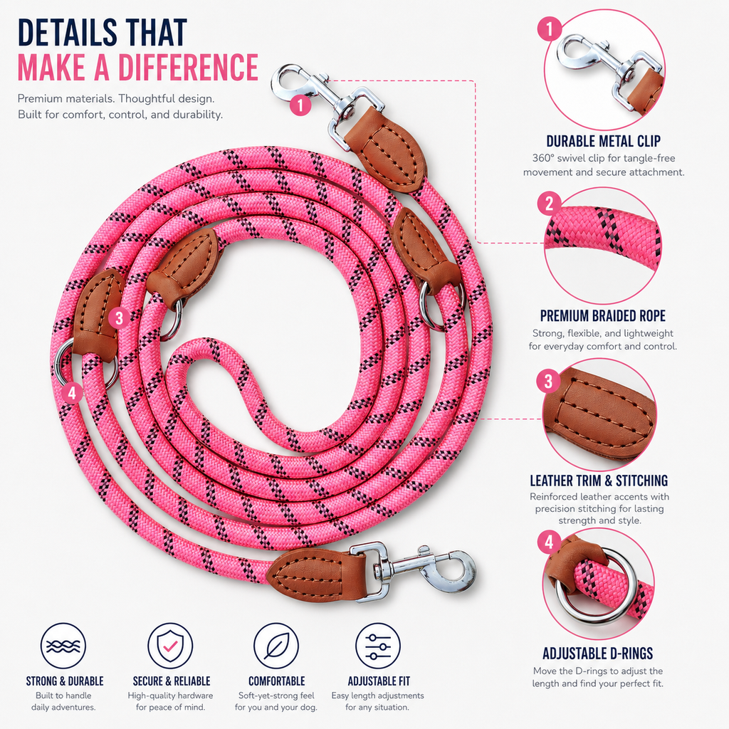 3m Multifunction Rope Dog Leash - Pink