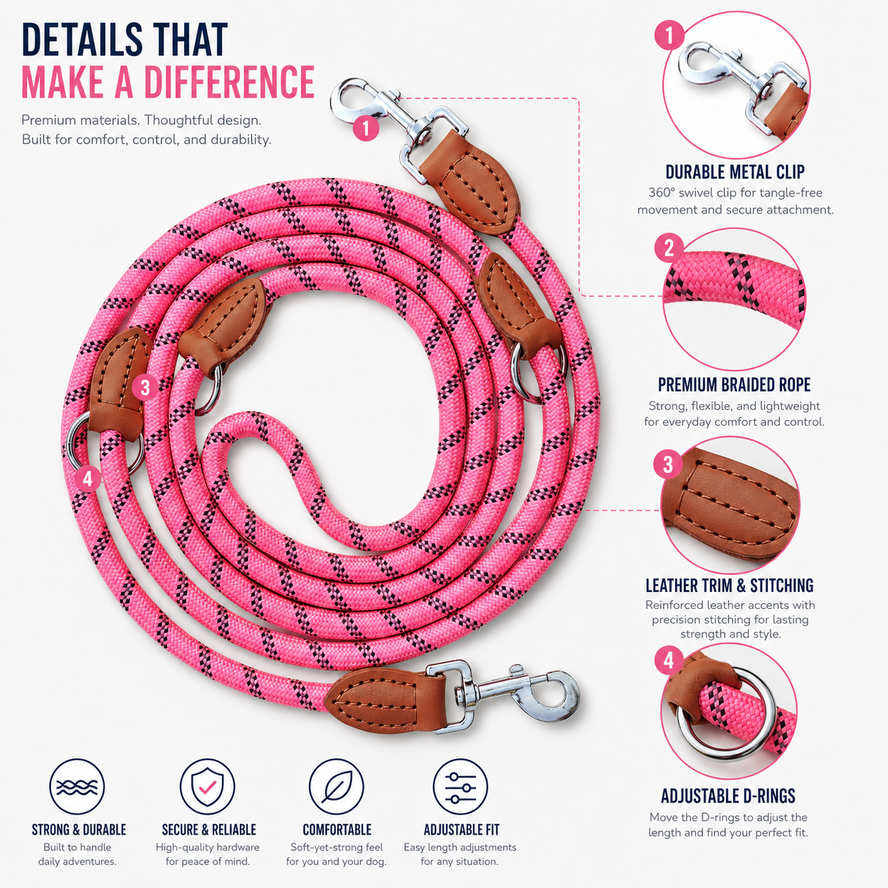 3m Multifunction Rope Dog Leash - Pink