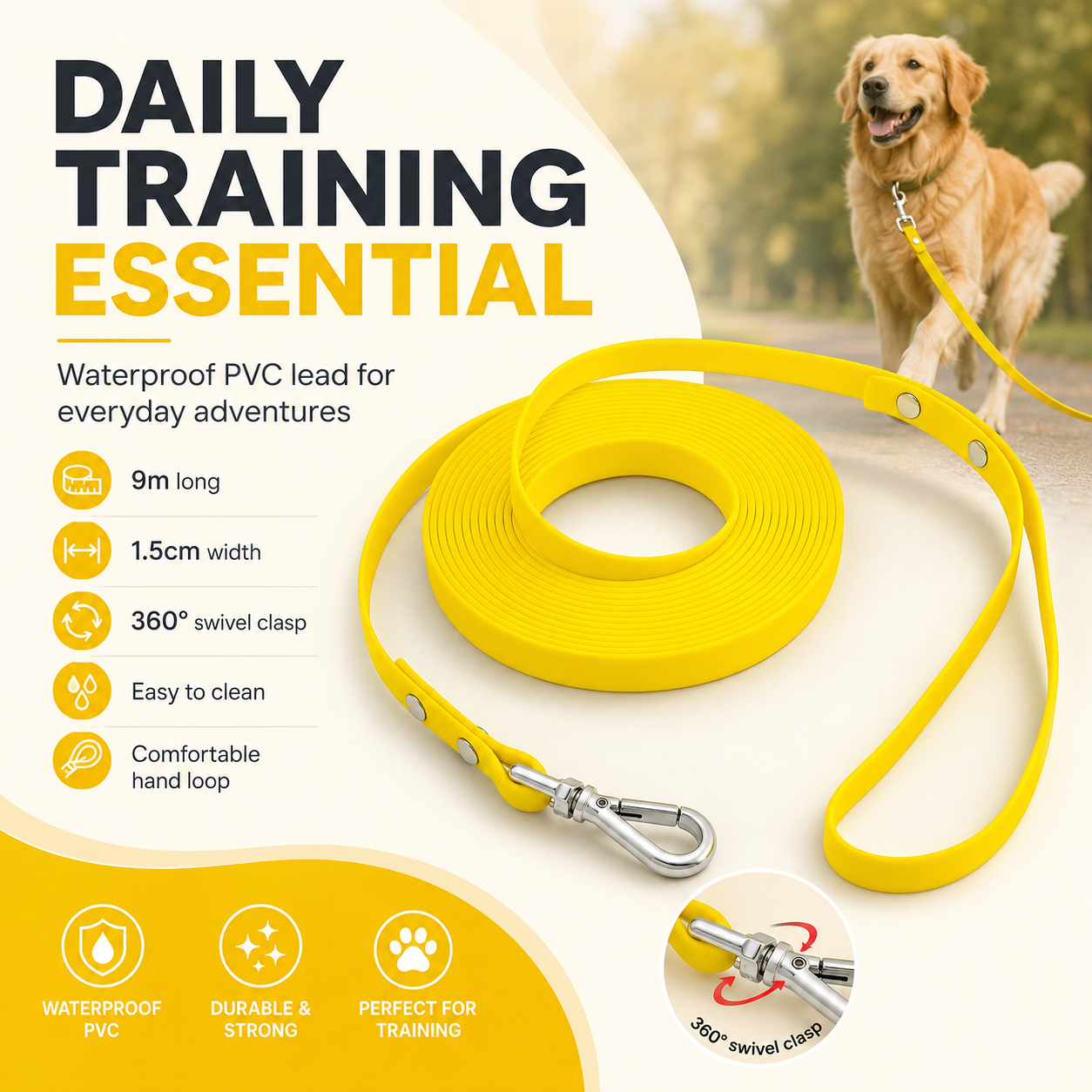 9m Waterproof Dog Training Lead - Yellow