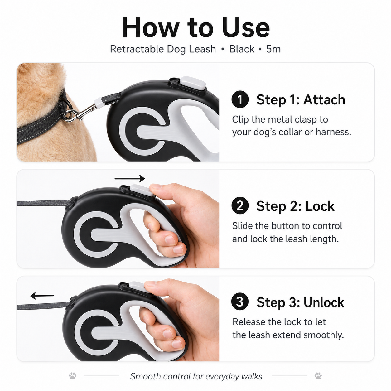 Retractable Dog Leash – Black 5m