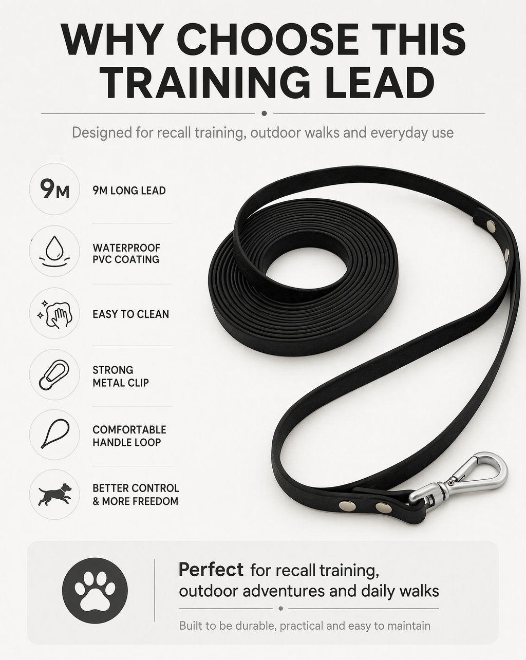 9m Waterproof Dog Training Lead - Black