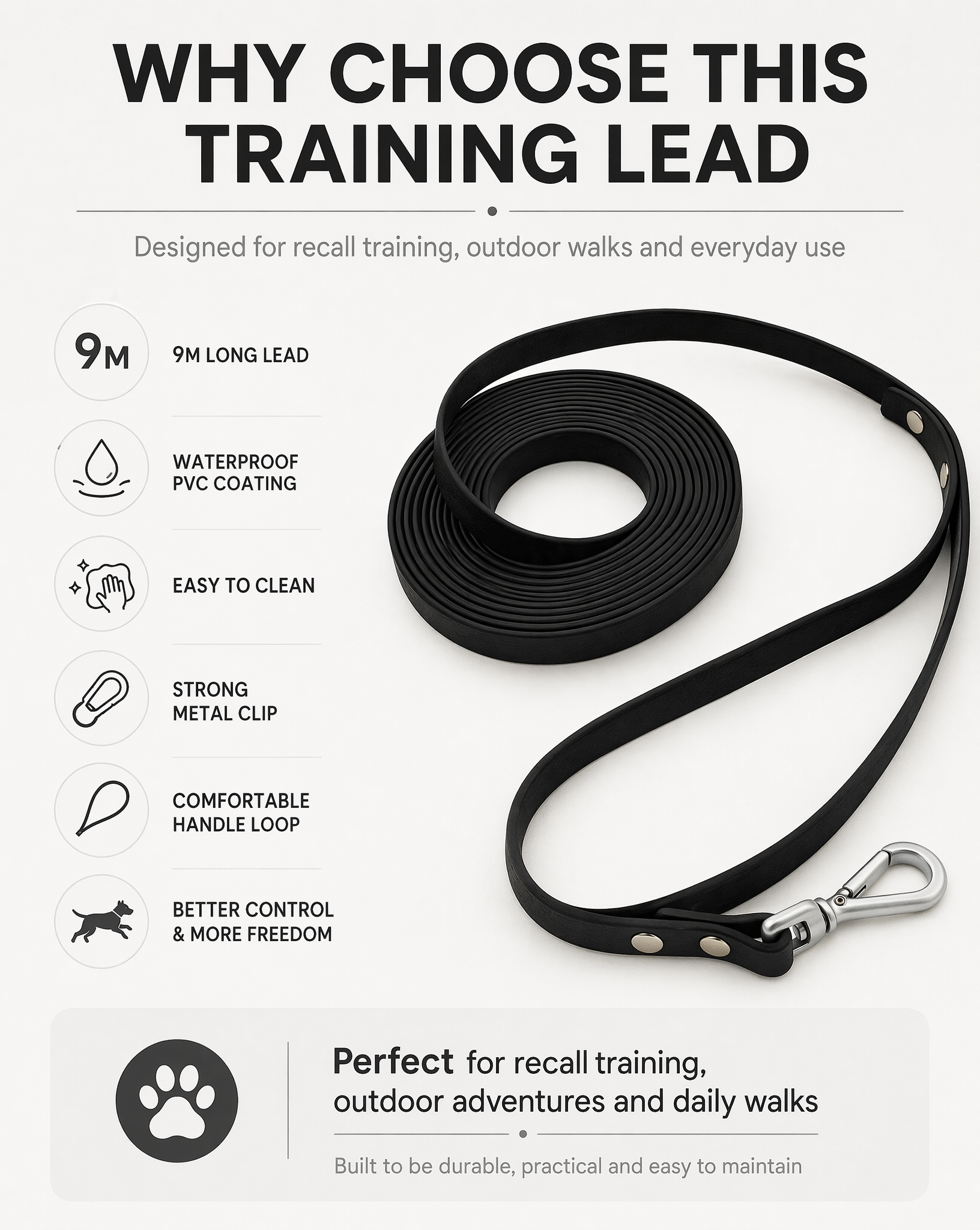 9m Waterproof Dog Training Lead - Black