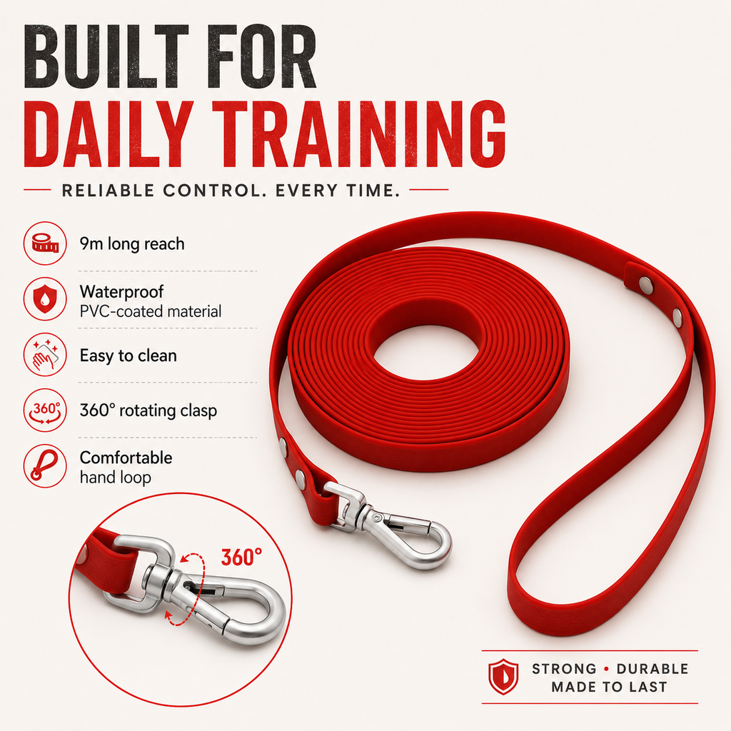 9m Waterproof Dog Training Lead - Red