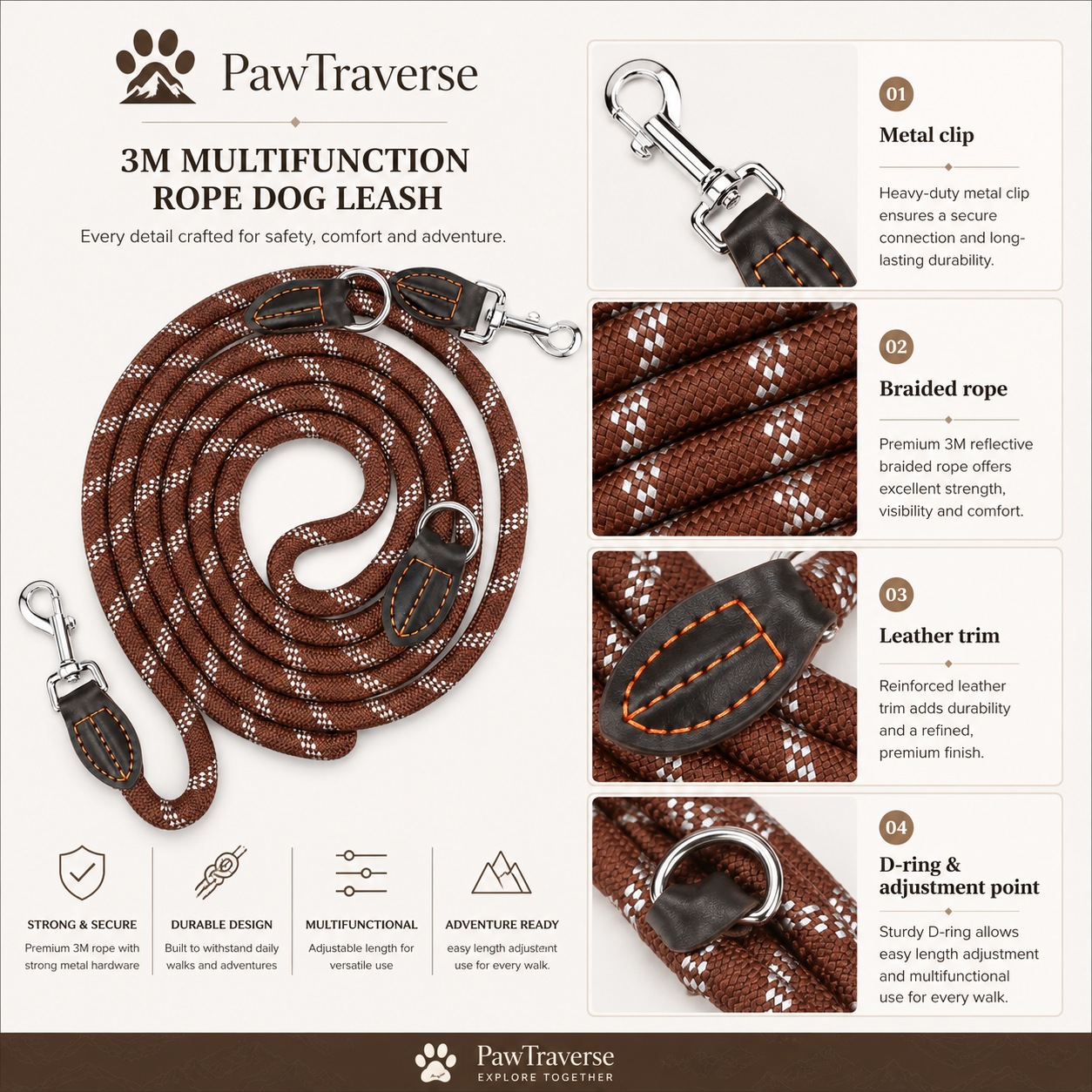 3m Multifunction Rope Dog Leash - Brown