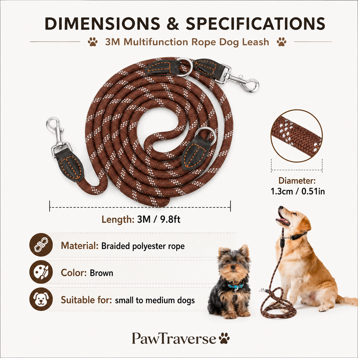 3m Multifunction Rope Dog Leash - Brown